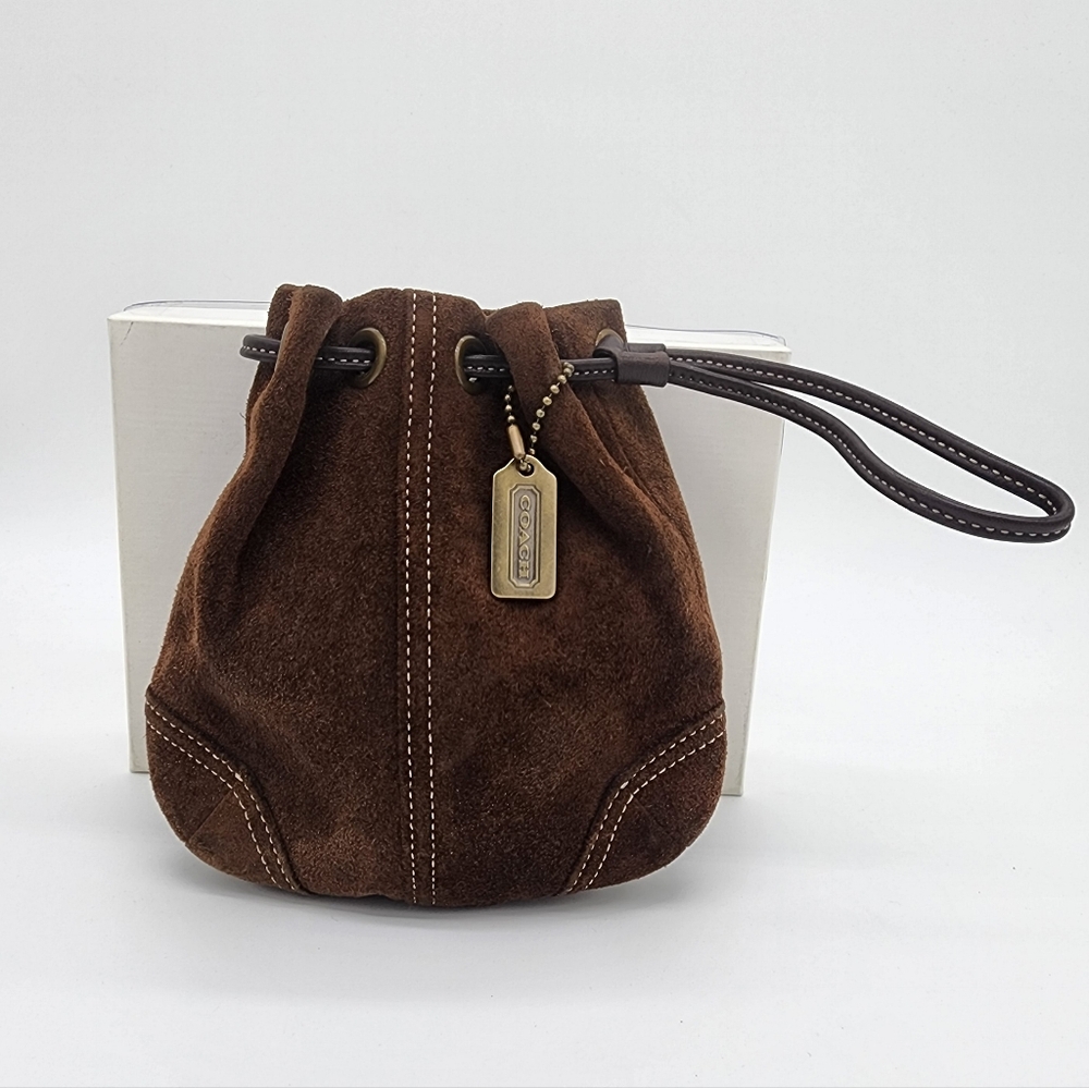 Coach Vintage Drawstring Wristlet Pouch Coin Mini Bag Suede Leather Brown